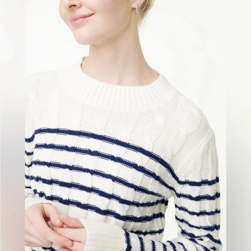 J.Crew  Women’s cable mockneck sweater Off white With Navy Stripes Size M